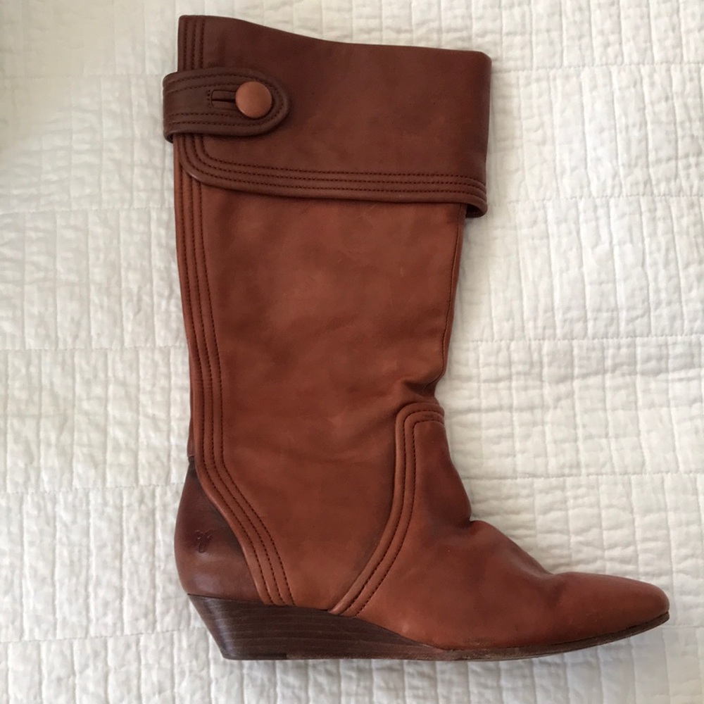 Frye boots, wedge heel (fold up option) beautiful details, gently worn.